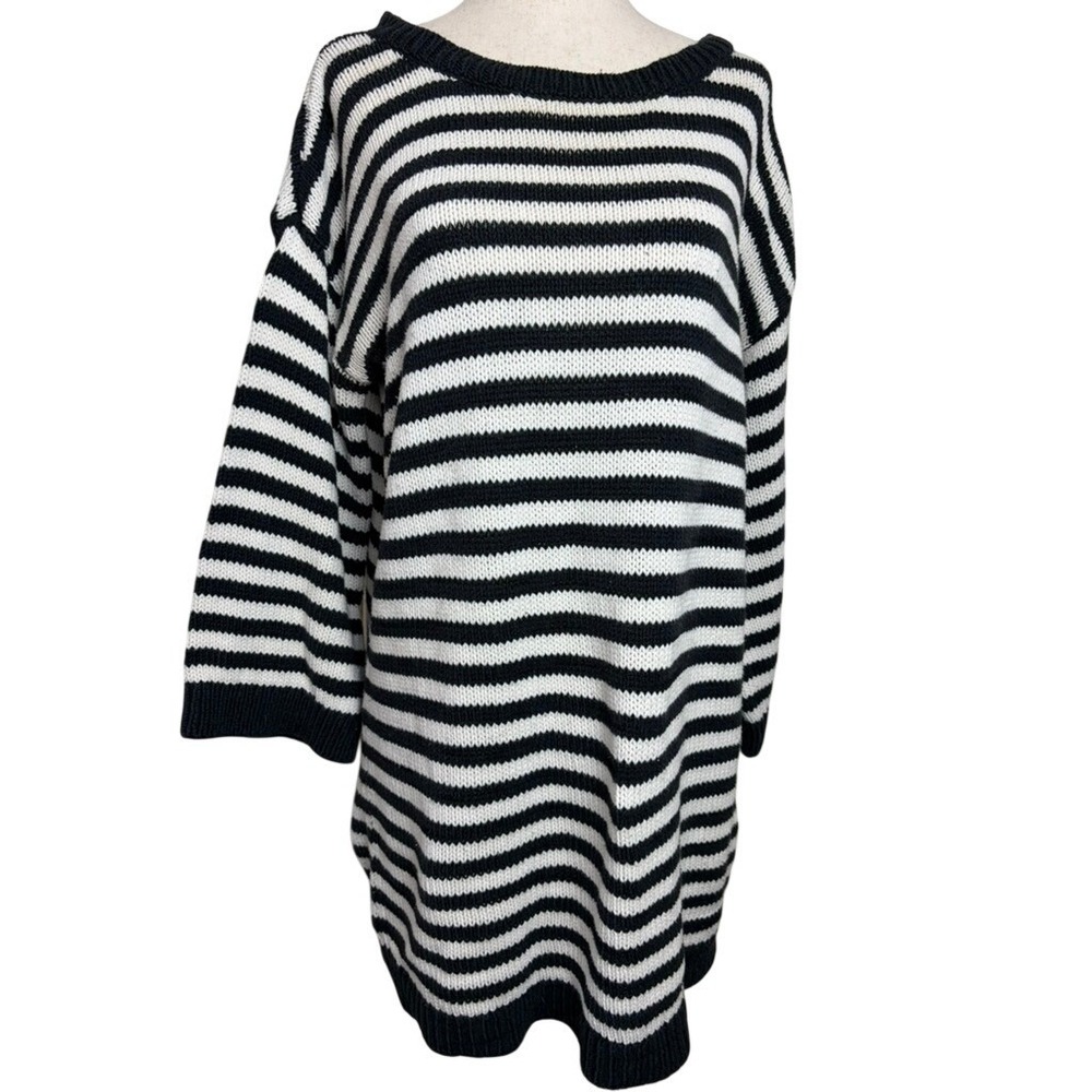 Lands End Womens Black White‎ Striped Cotton Blend Tunic Sweater Size Medium